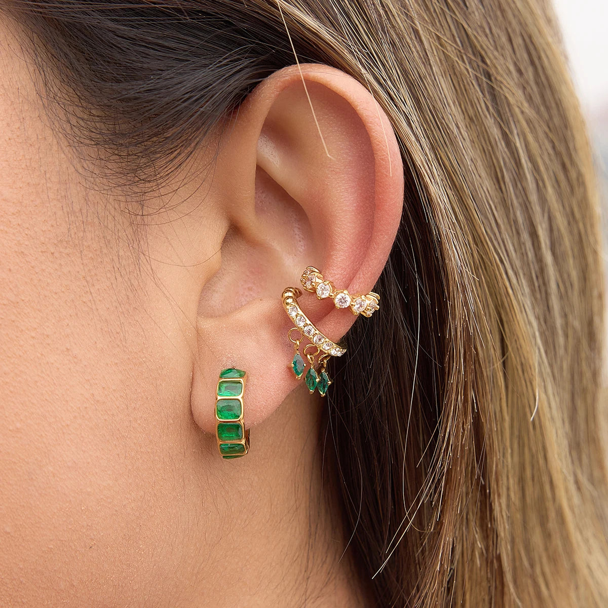 Kika Vintage Geometry Green Zircon Stacked Earrings