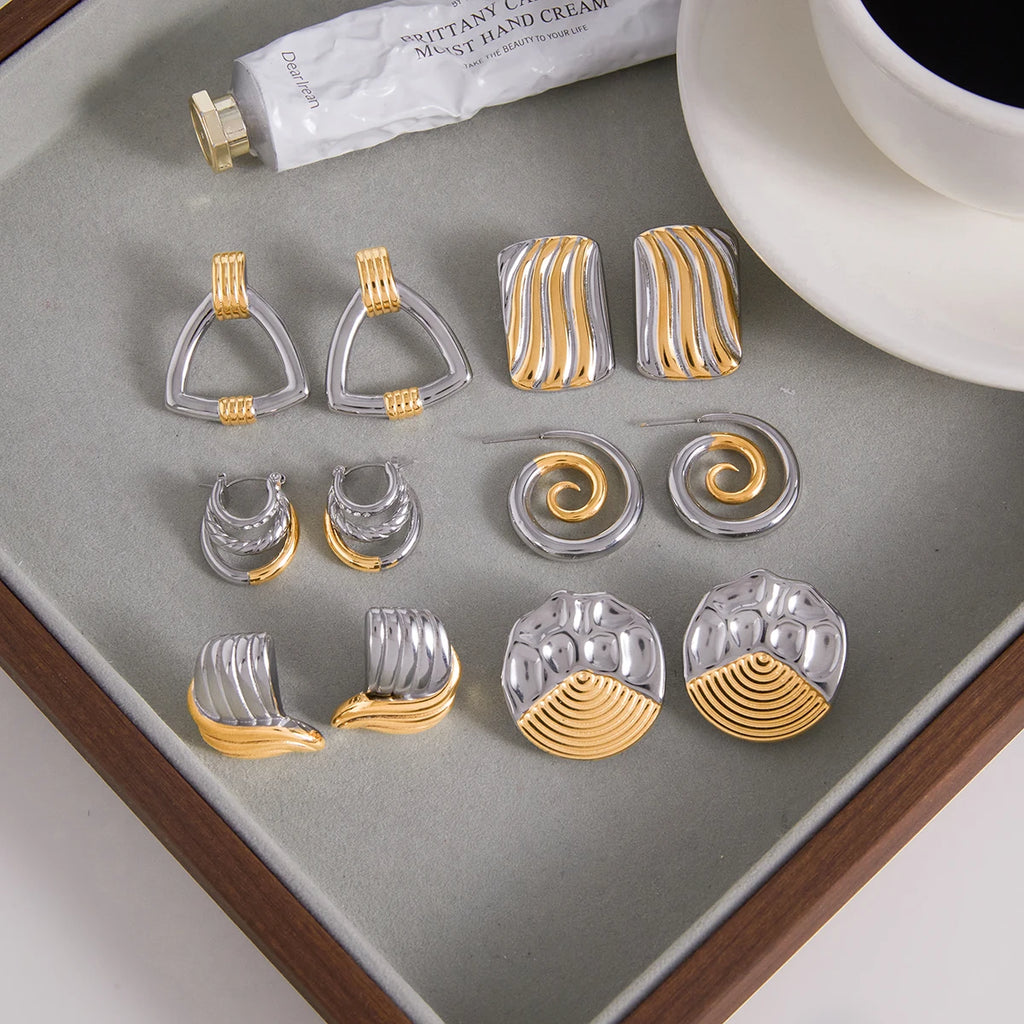 Minimalist Two tone Stainless Steel Thread Irregular Round Earrings