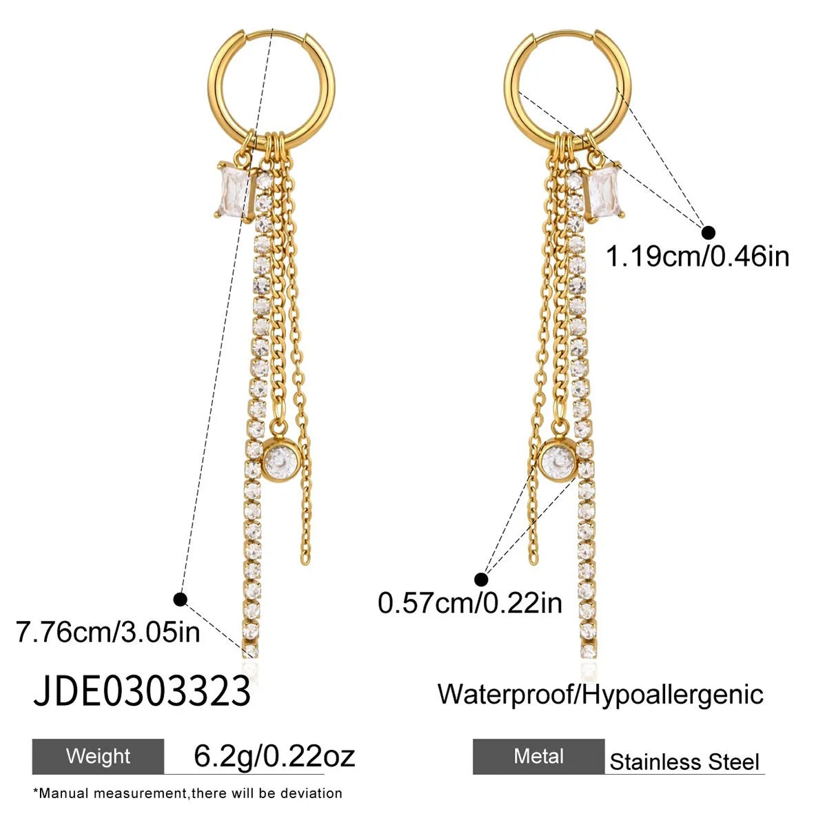 Kika Delicate White Rhinestone Chain Square Zircon Tassel Earrings m