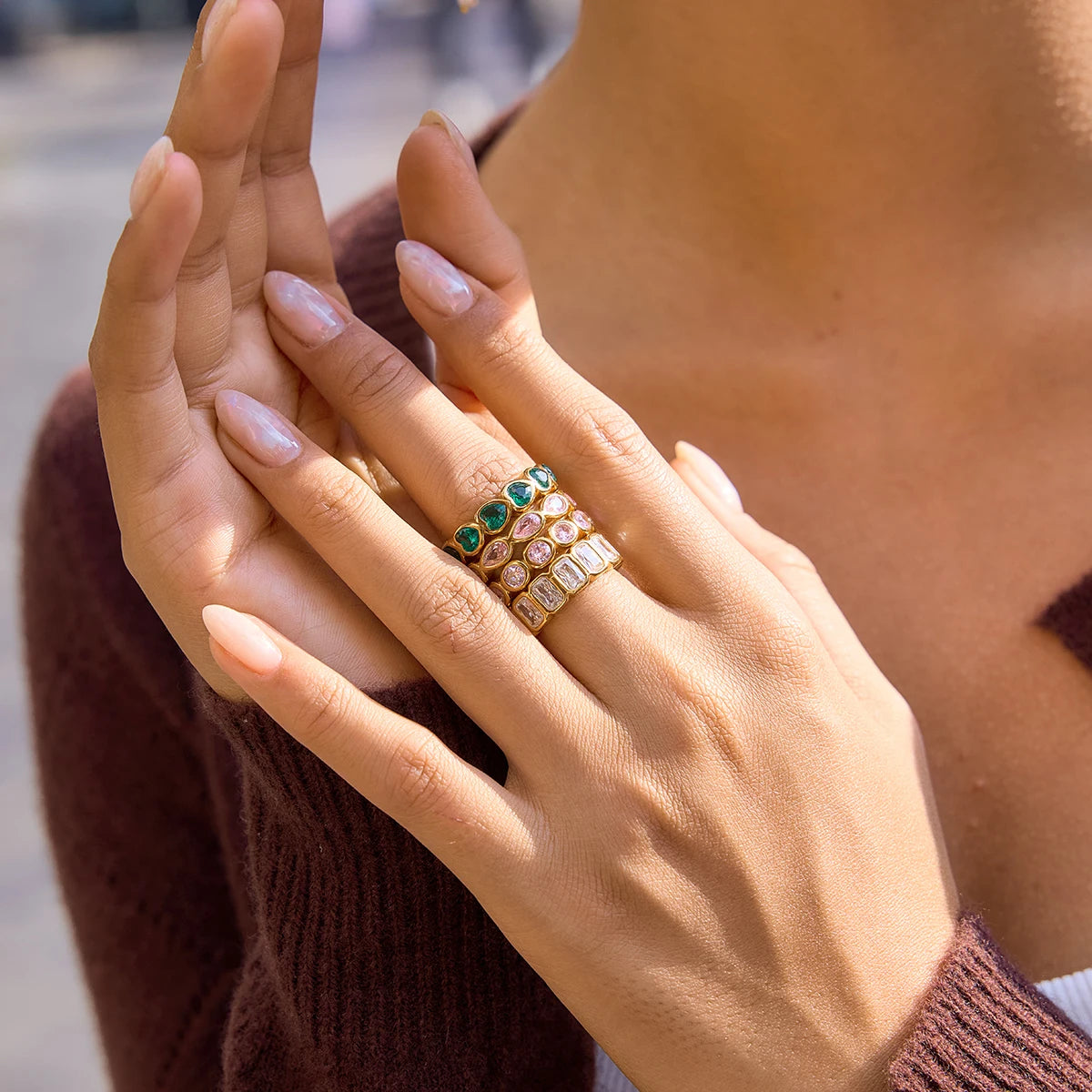 Kika Sparkling Pink Green Zircon Stacked Ring