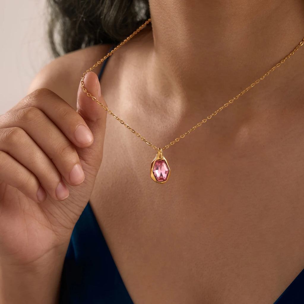 KIKA Elegant Glass Stone Pendant Necklace PVD Gold Plated Stainless Steel 316Lft