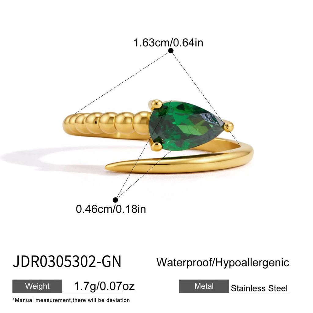 KIKA Water Drop Zircon Snake Shape Open Rings 18K Gold PVD Plated Stainless Steel 316L