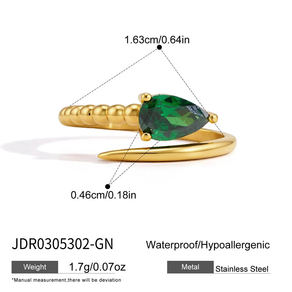 KIKA Water Drop Zircon Snake Shape Open Rings 18K Gold PVD Plated Stainless Steel 316L