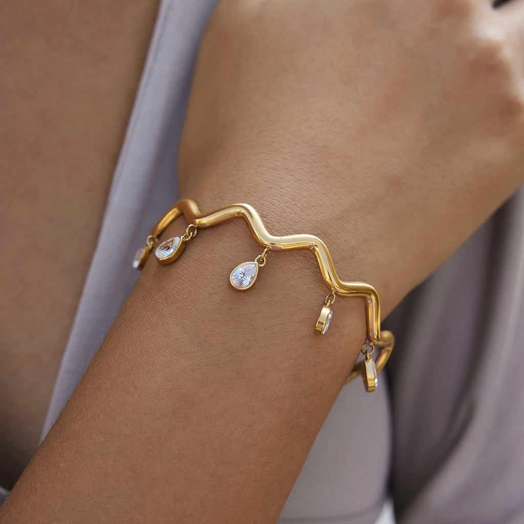 KIKA Water Drop Zircon Wave Shape Cuff Bracelet PVD 18K Gold Plated Stainless Steel 316L