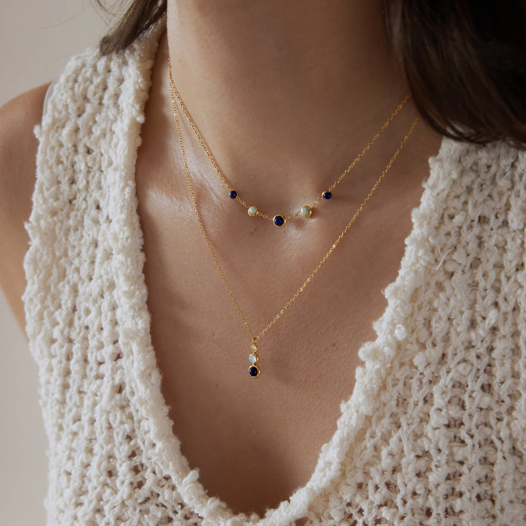 KIKA Lapis Lazuli Stone Zircon Pendant Necklace For Women Minimalist 18K Gold Plated Stainless Steel Necklace 316L