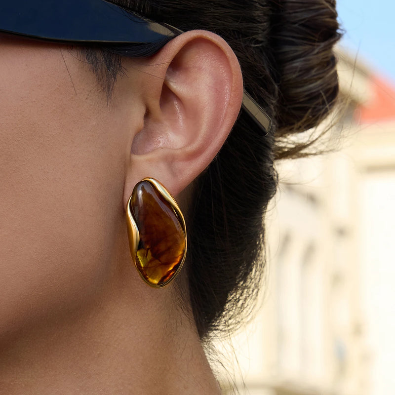Kika Retro 18K Gold Color Plated Stainless Steel Irregular Resin Ear Studs
