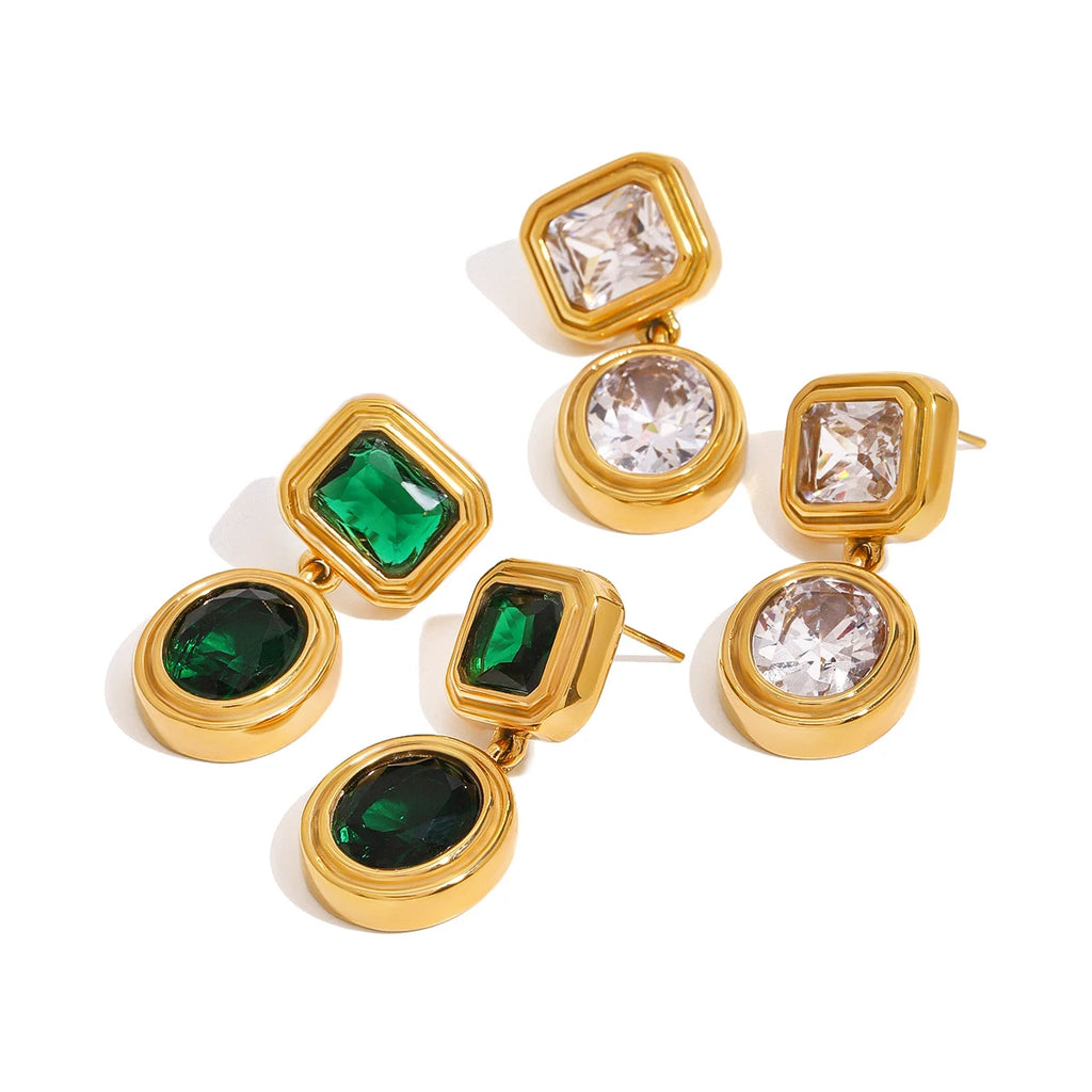 Retro Green Color Zircon Geometric Earrings