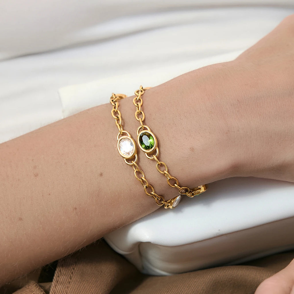 KIKA Delicate Green White Egg Shaped Zircon Cross Chain Bracelet Stainless Steel316L