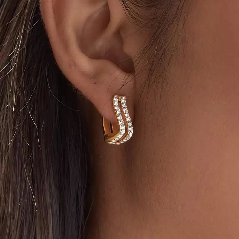 Kika Classic Crystal U Shape Clip Earrings For Women Minimalist 18K Gold PVD Plated Stainless Steel