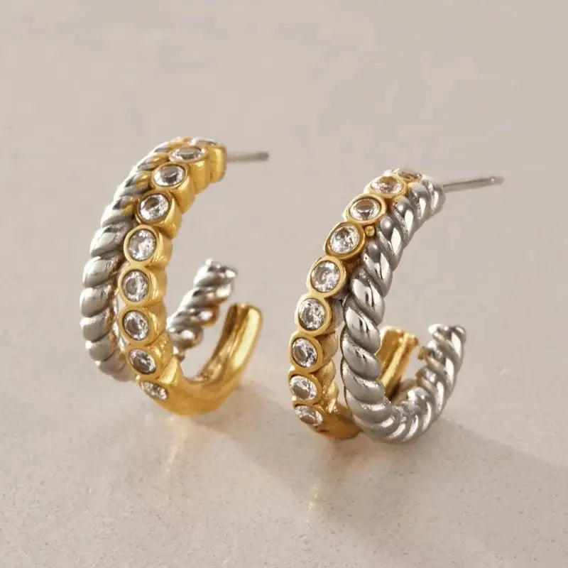 KIKA Delicate Zircon Mixed Color C Shape Stud Earrings For Women 18K Gold PVD Plated Stainless Steel 316L