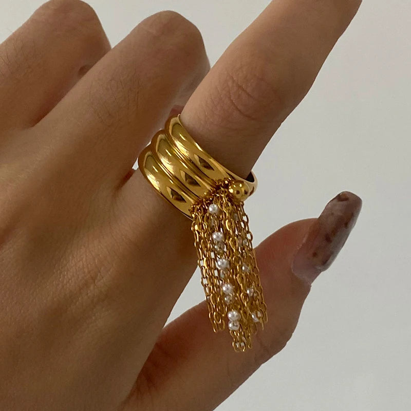 KIKA Classic Stainless Steel Tassel Ring With Three-layer Steel Ball Chain Tassel Opening Ring Stackable For Women's Accessori