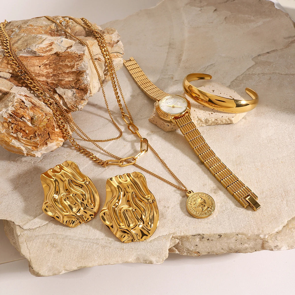 Stacked Necklace Wrinkled Earrings Adjustable Bracelet