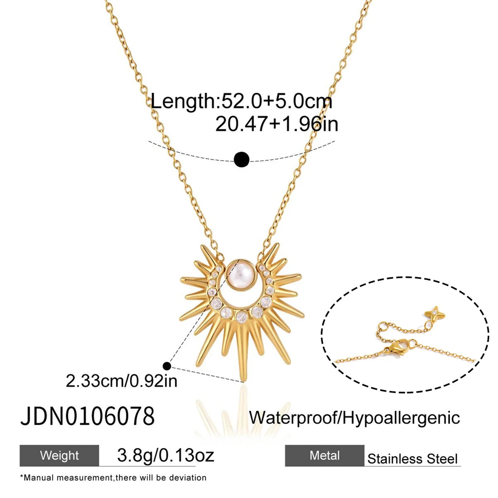 Kika Zircon Acrylic Pearl Sun Pendant Necklace Minimalist 18K Gold Plated Stainless Steel 316L