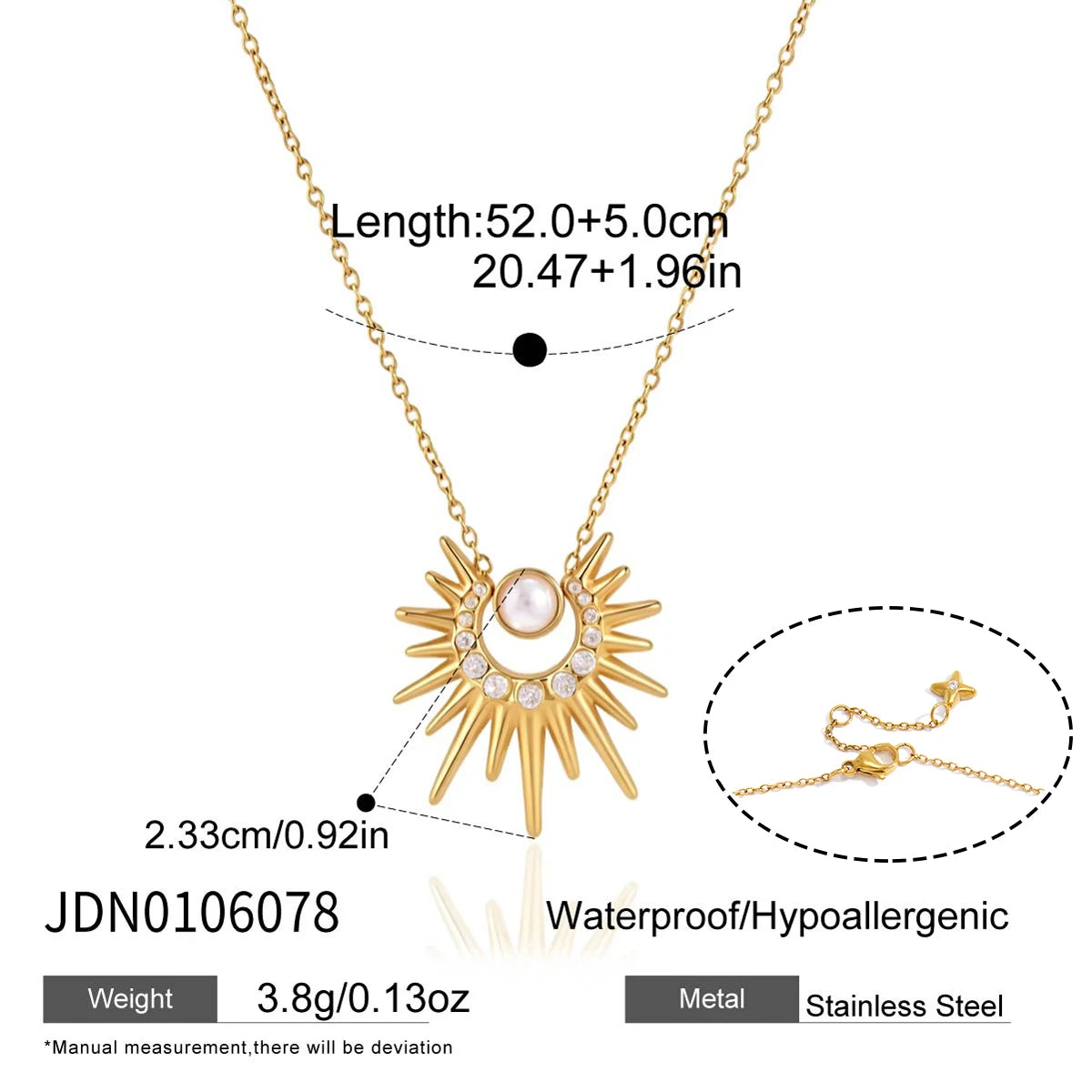 Kika Zircon Acrylic Pearl Sun Pendant Necklace Minimalist 18K Gold Plated Stainless Steel 316L