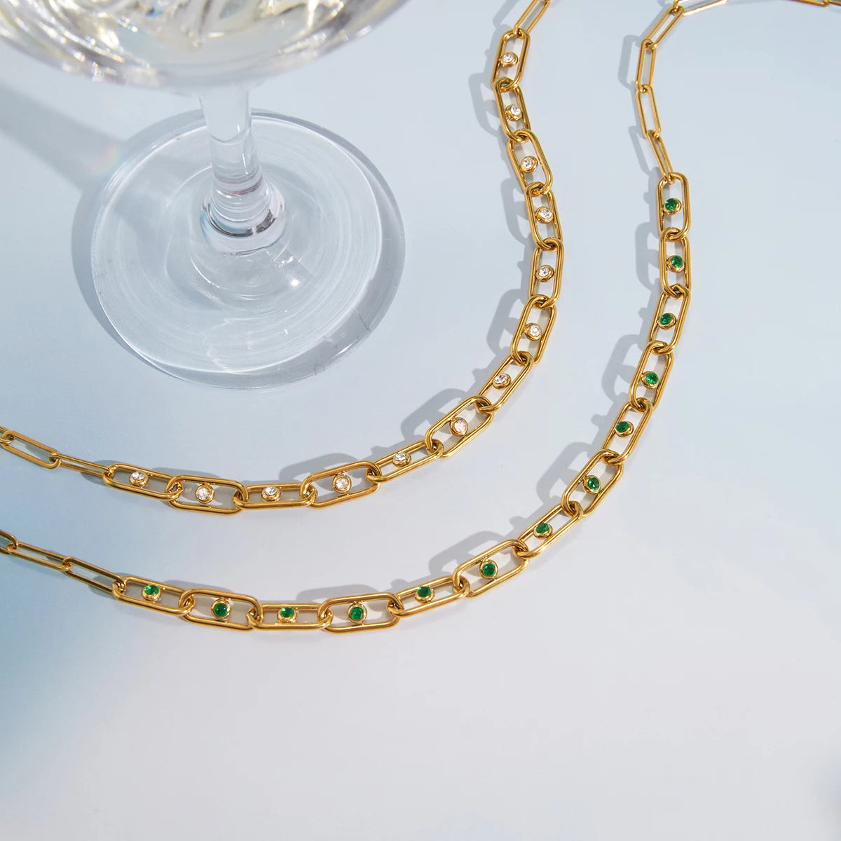Hollow-Out Paperclip Chain Necklace With Green Rhinestones
