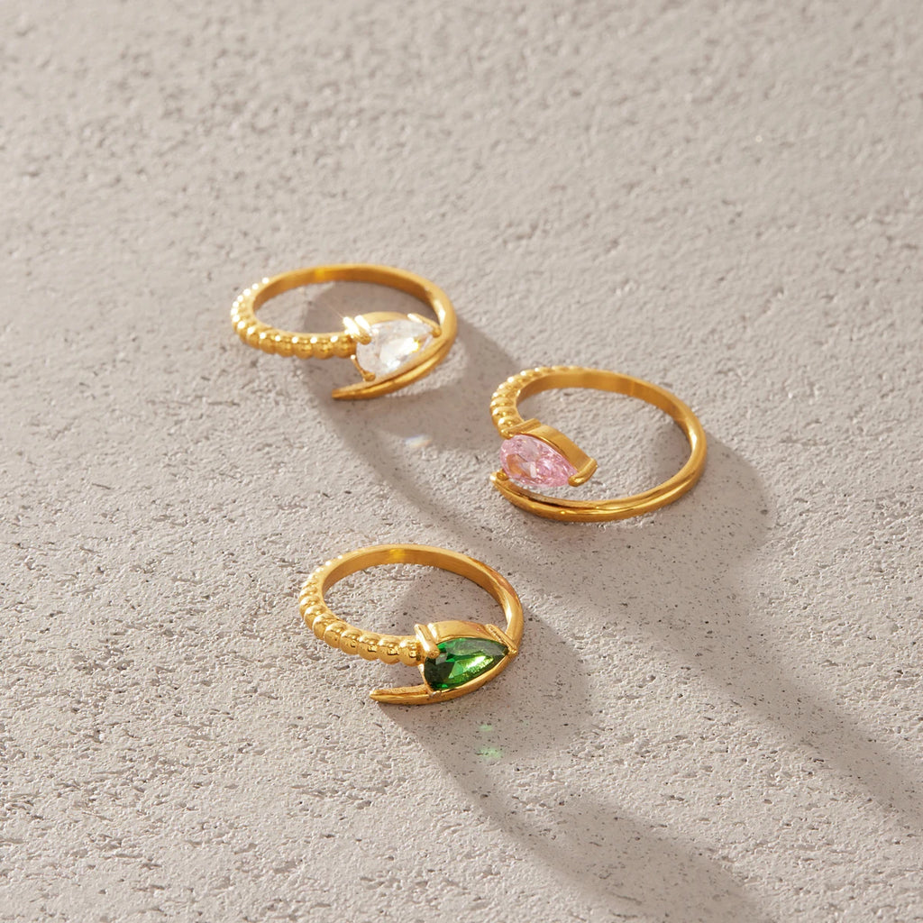 KIKA Water Drop Zircon Snake Shape Open Rings 18K Gold PVD Plated Stainless Steel 316L
