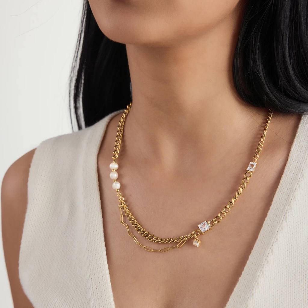 KIKA Zircon Freshwater Pearl Necklace For Women Minimalist 18K Gold PVD Plated Stainless Steel Necklace Fashion Jewelry Gift