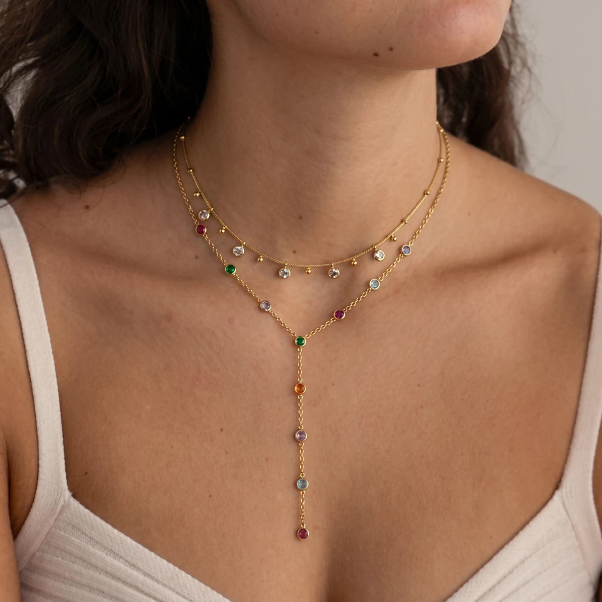 Kika Multicolor Geometric Zircon Y Shape Chain Necklace PVD Plated Stainless Steel