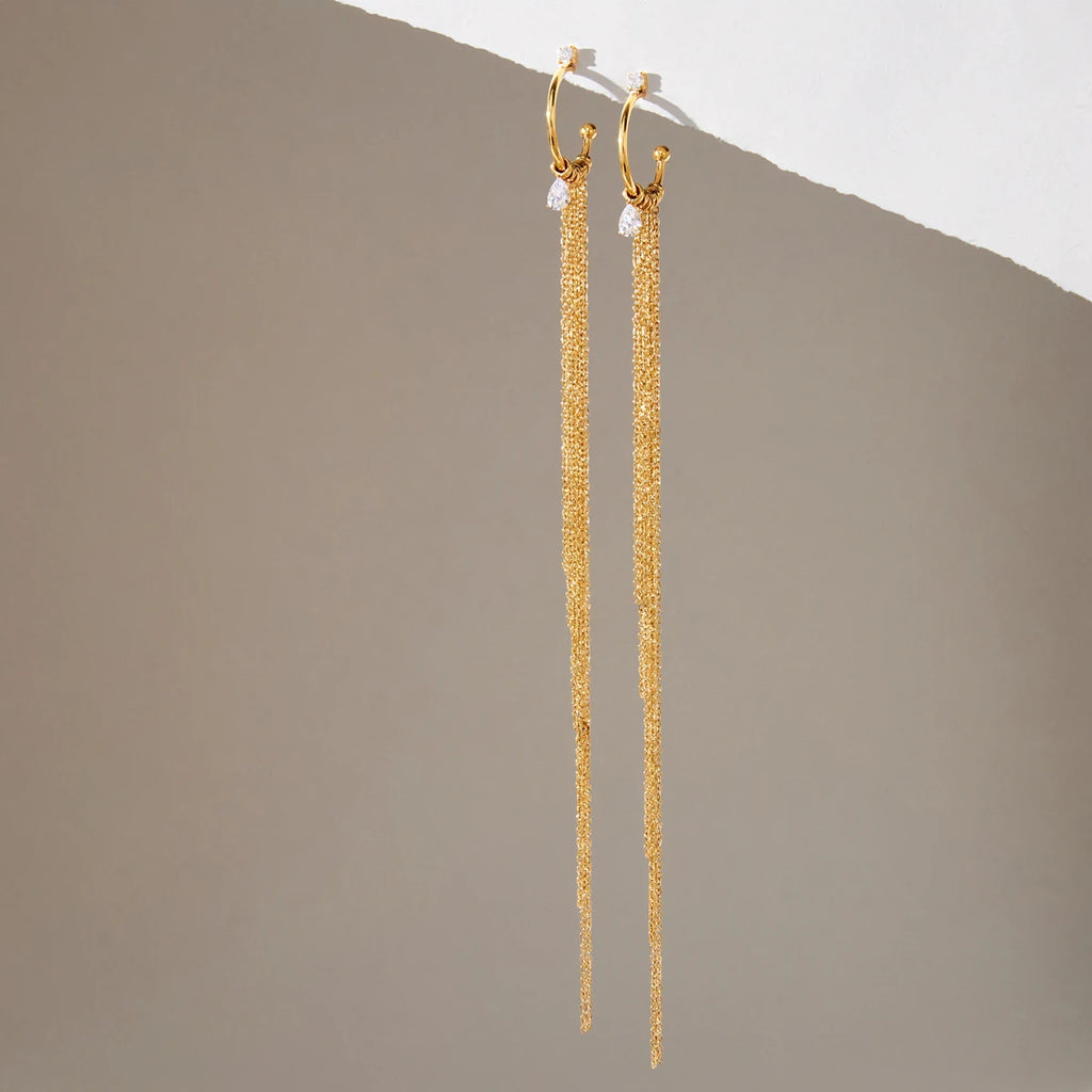 KIKA Classic Water Drop Zircon Long Chains Tassel Earrings For Women 18K Gold Plated Stainless Steel 316L