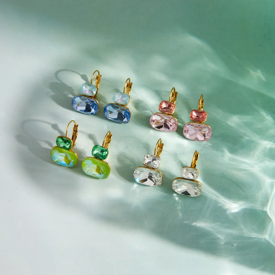 KIKA Delicate Blue White Colord Square Double-Layer Zircons Earrings  PVD Gold Plated Stainless Steel 316L