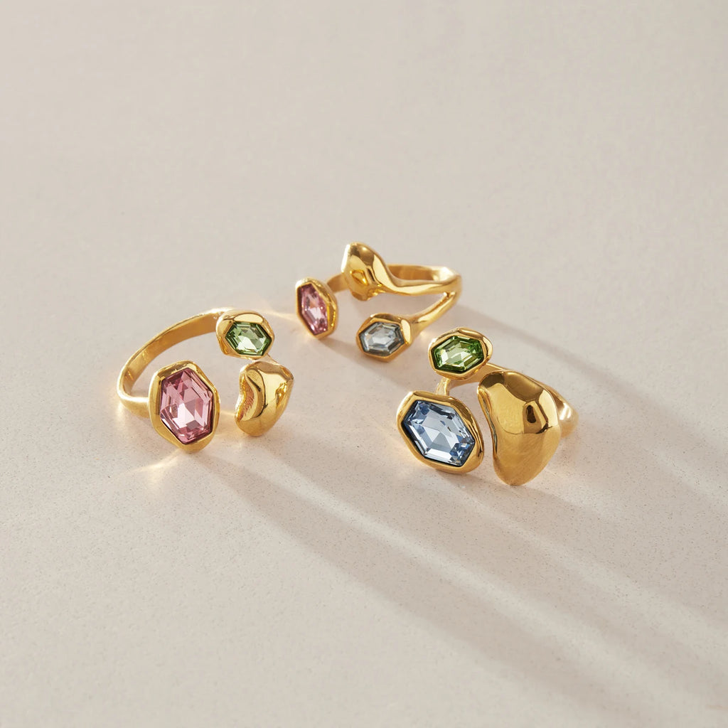 Kika Elegant Multicolor Glass Stone Geometric Open Rings 18K Gold Plated Stainless Steel 316L