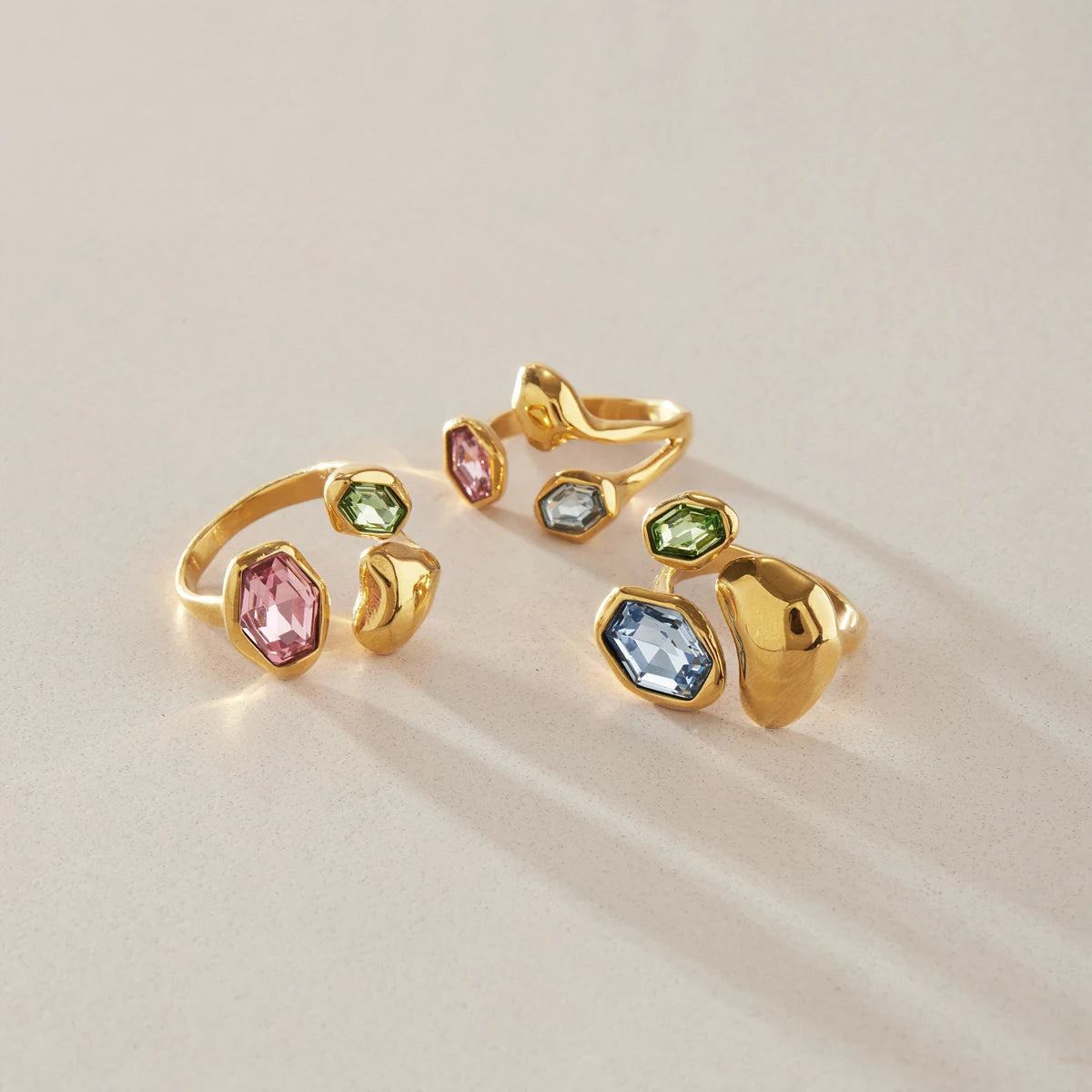Kika Elegant Multicolor Glass Stone Geometric Open Rings 18K Gold Plated Stainless Steel 316L