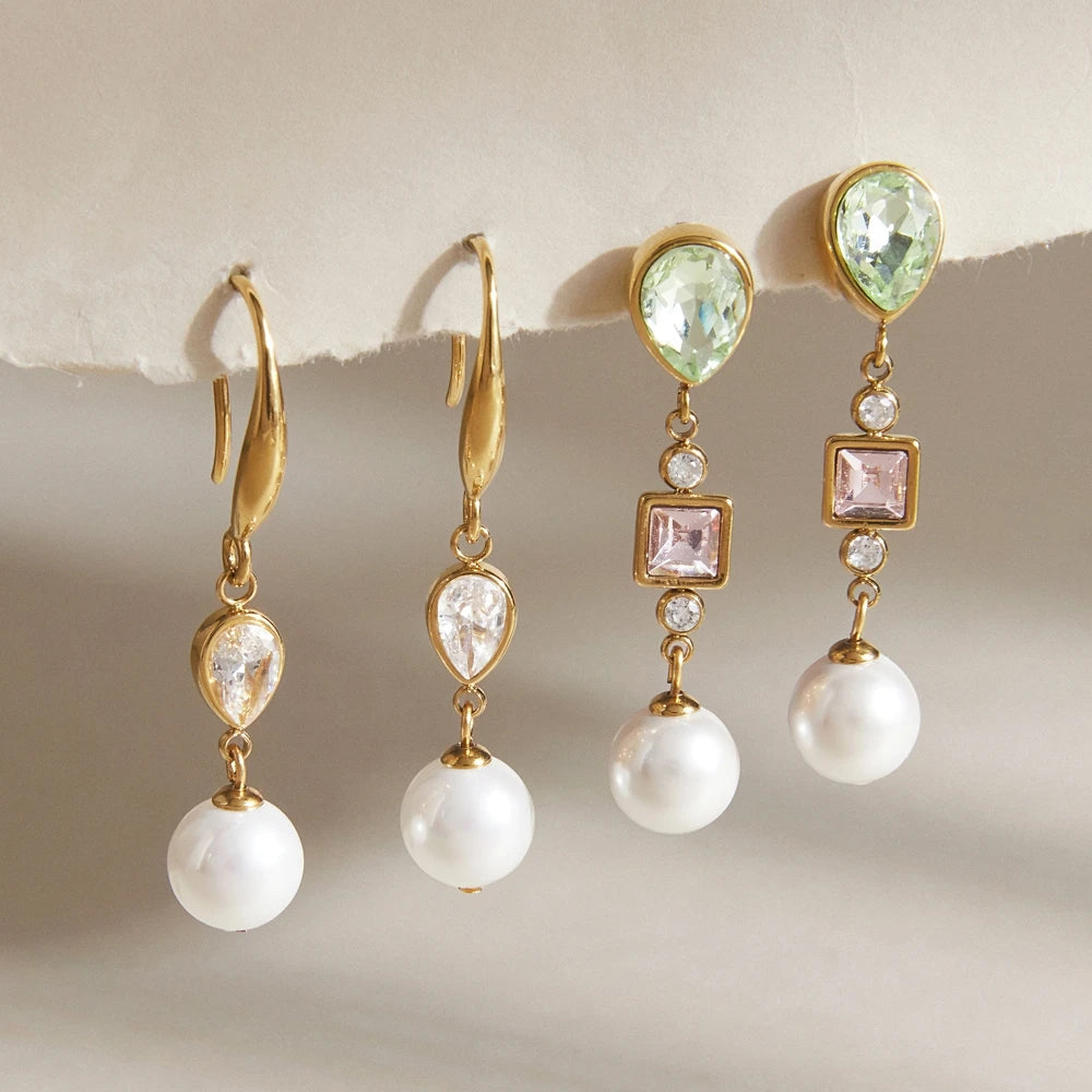 Kika Elegant Imitation Pearl Crystal Drop Earrings For Women 18K Gold PVD Plated Stainless Steel 316L