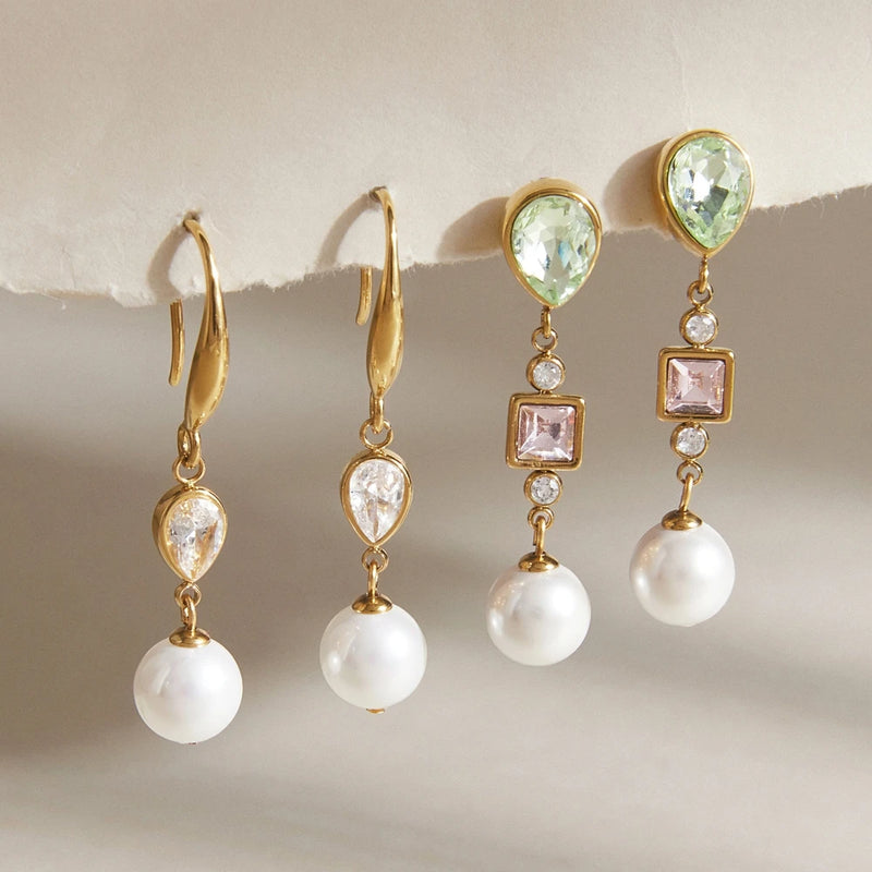 Kika Elegant Imitation Pearl Crystal Drop Earrings For Women 18K Gold PVD Plated Stainless Steel 316L