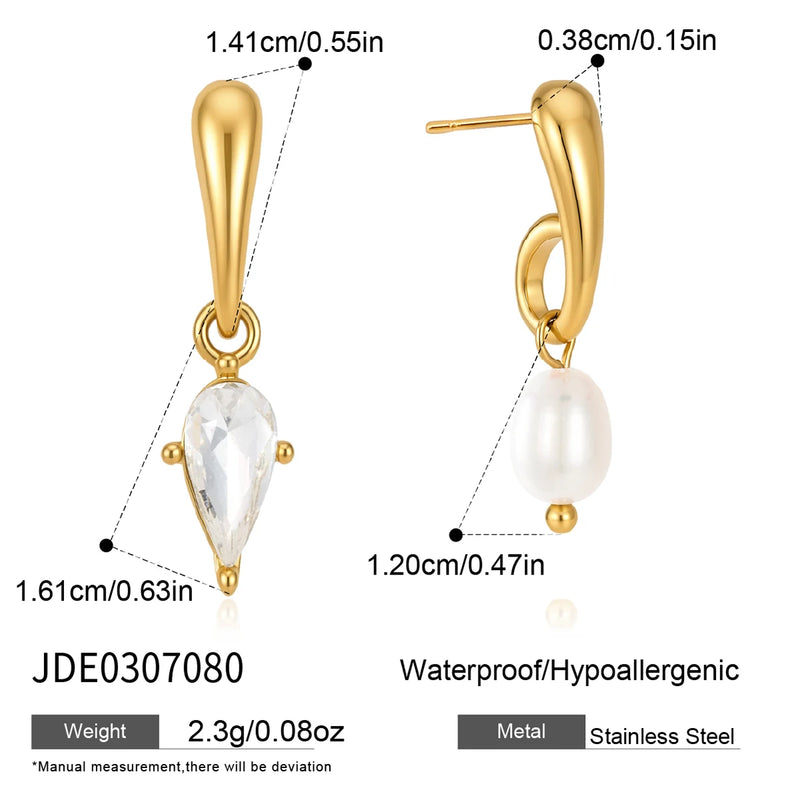 KIKA Asymmetric Freshwater Pearl Crystal Water Drop Earrings For Women Minimalist 18K Gold PVD Plated Stainless Steel Earrings