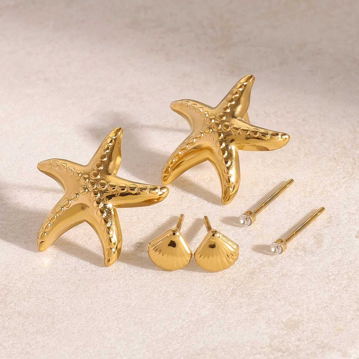 Exquisite 3-Pair Earring Set Shell Starfish Ear Studs Stackable
