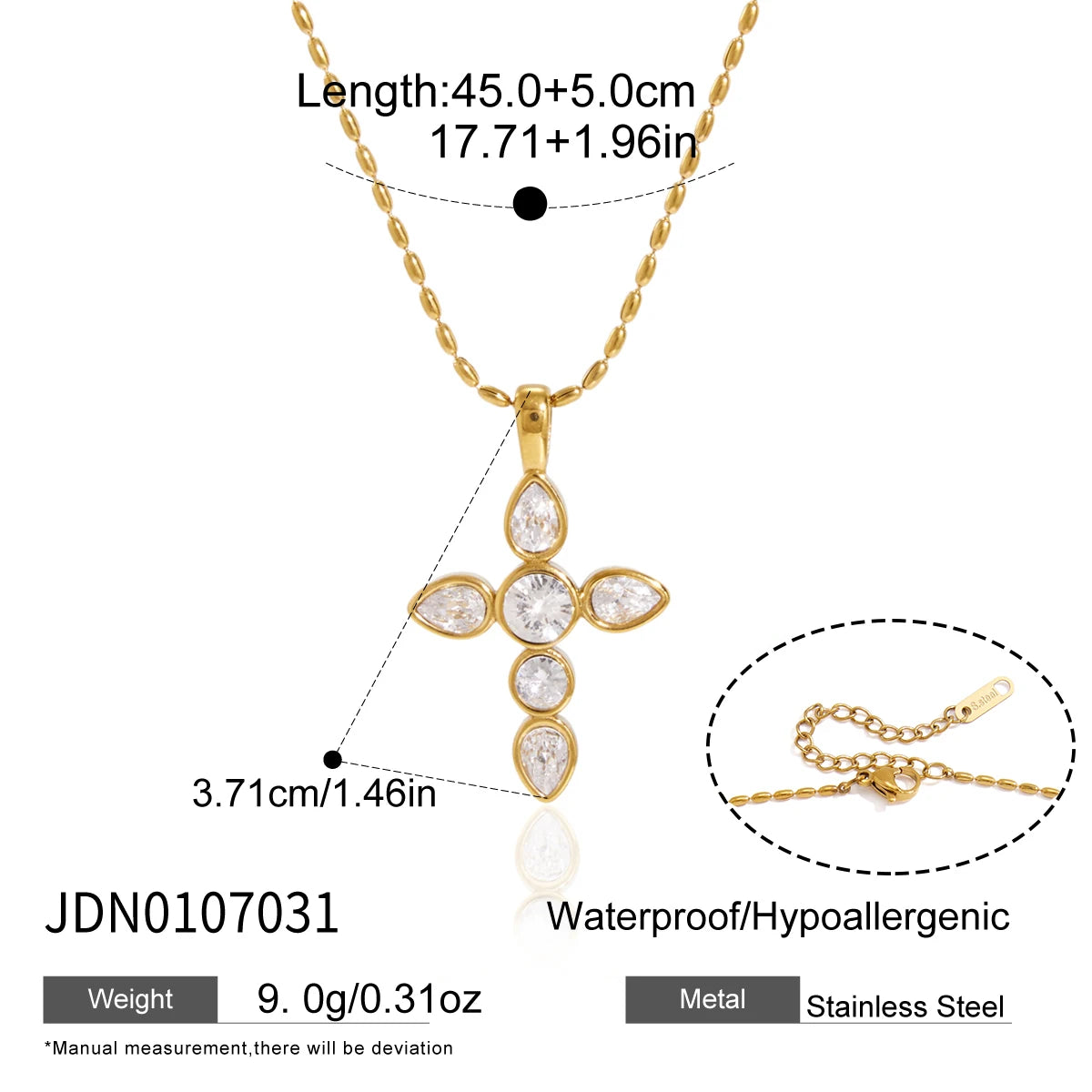 KIKA  Classic Zircon Cross Necklace Earrings  18K Gold PVD Plated Stainless Steel316L