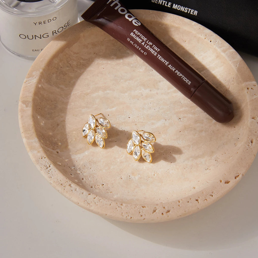 Kika White Rhinestone Leaf Earrings