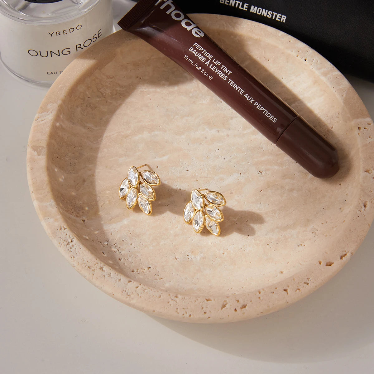 Kika White Rhinestone Leaf Earrings