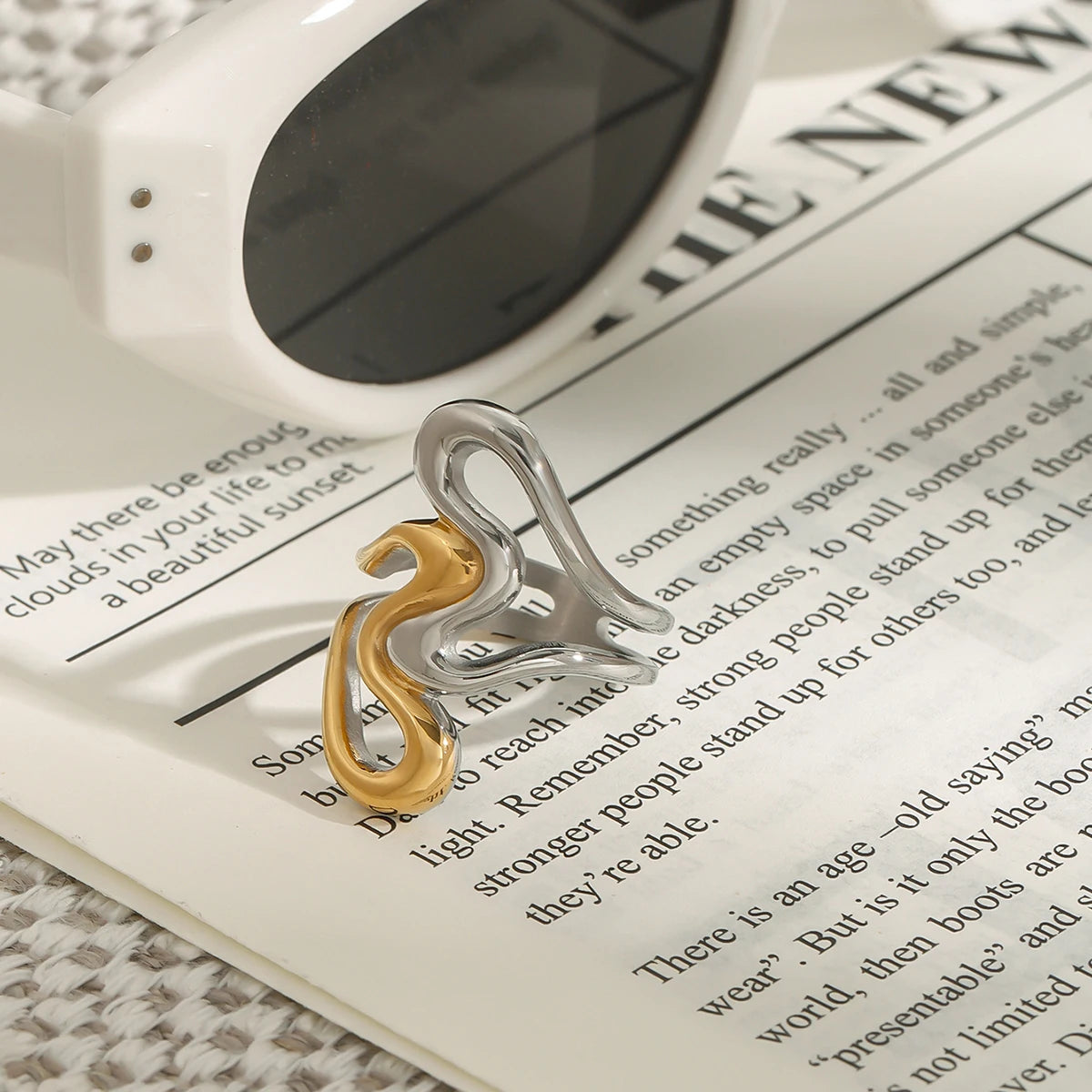 Kika Minimalist Stainless Steel Line Ring Two tone Irregular