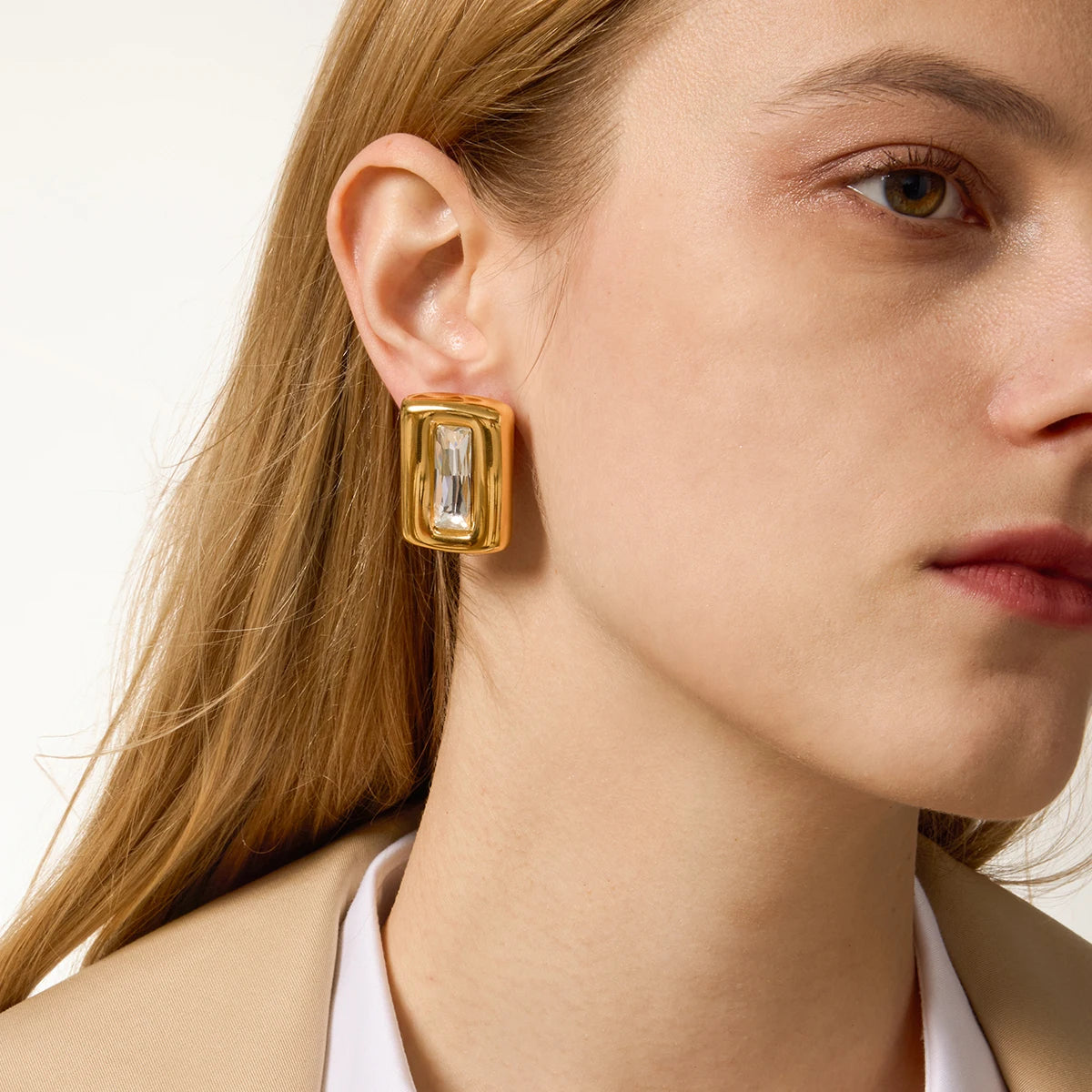 KIKA Vintage Gold Color Square Shape With Zircon Earring  PVD Plated Stainless Steel 316L