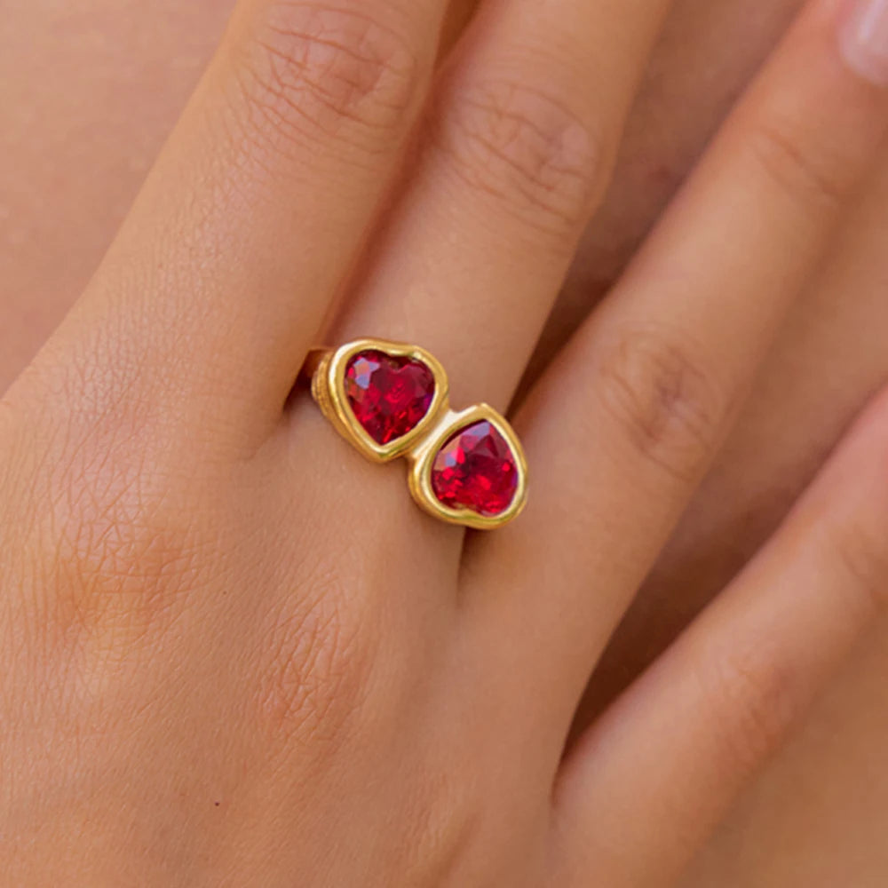 Kika Vintage Deep Red Zircon Heart Ring 18K Gold Color Plated Stainless Steel