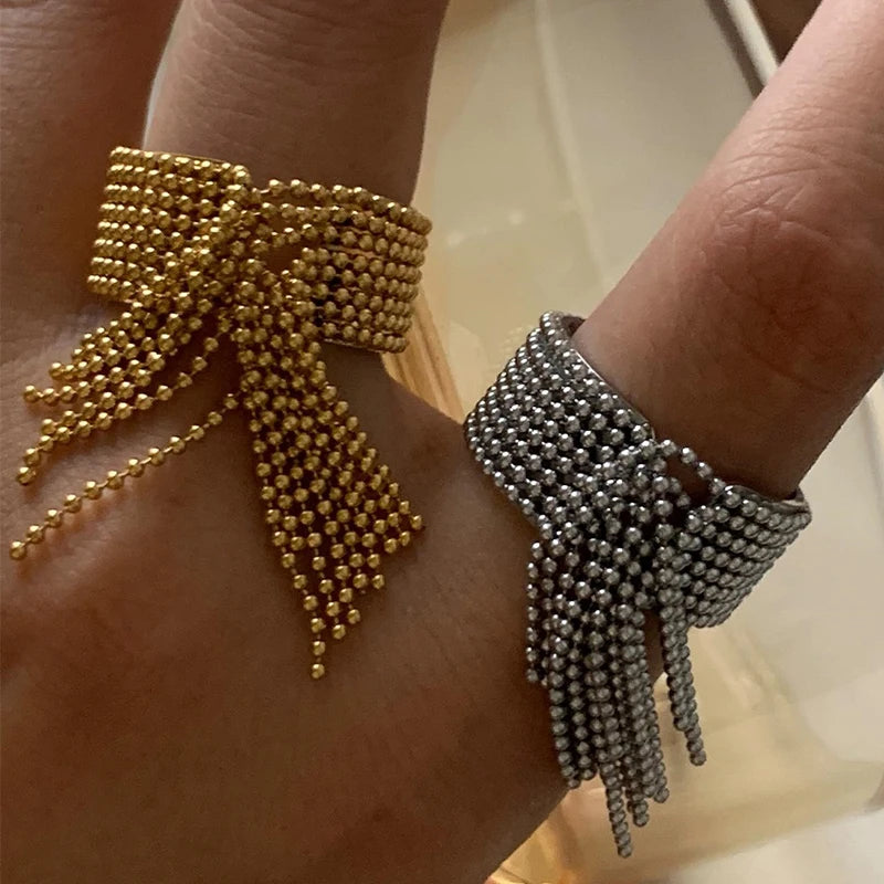 Kika 316L Statement Stainless Steel Chain Tassel Finger Ring Adjustable 18K PVD Plated High Quality Charm Stylish Golden Jewel