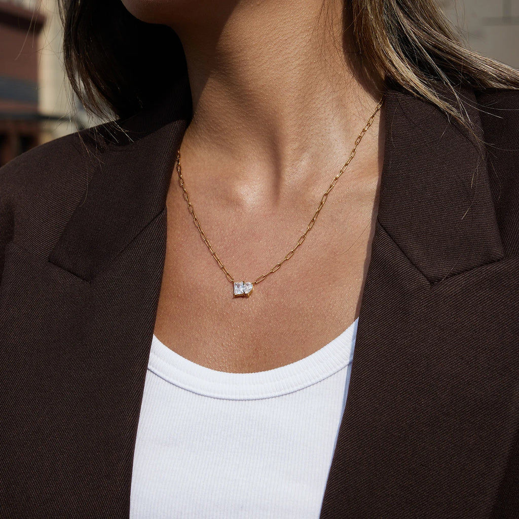 Kika Simple Classic Stainless Steel Square White Zircon Water Drop Pendant Necklace