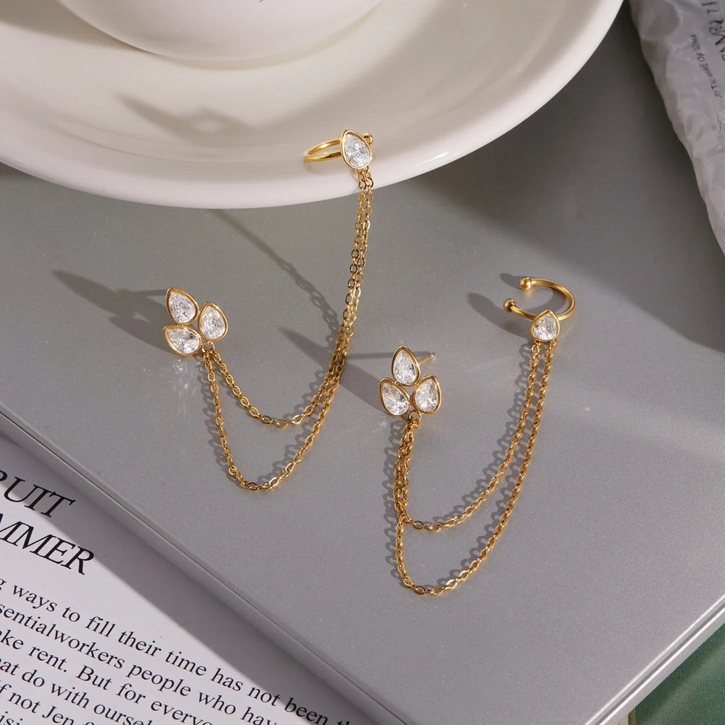Kika Water Drop Zircon Chain Tassel Earrings 18K Gold PVD Plated Stainless Steel