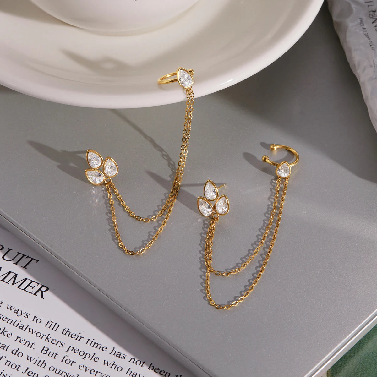 Kika Water Drop Zircon Chain Tassel Earrings 18K Gold PVD Plated Stainless Steel