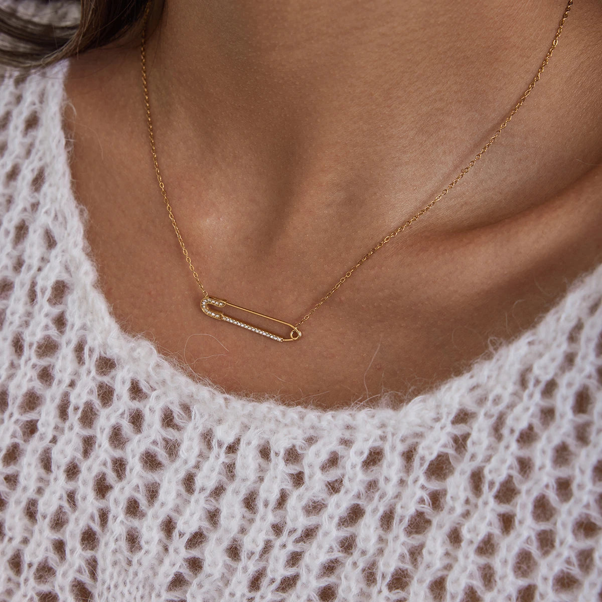Kika Minimalist Classic 18K Gold Color Plated Inlay White Zircon Paperclip Necklace