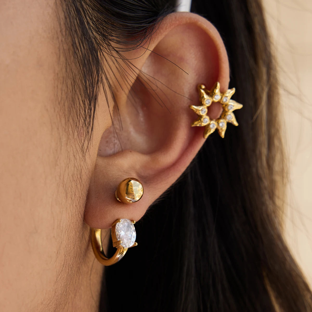 KIKA Classic Minimalist 18K Gold Color PVD Plated Inlay White Rhinestone Sun Shape Ear Clip Hypoallergenic Stainless Steel 316L