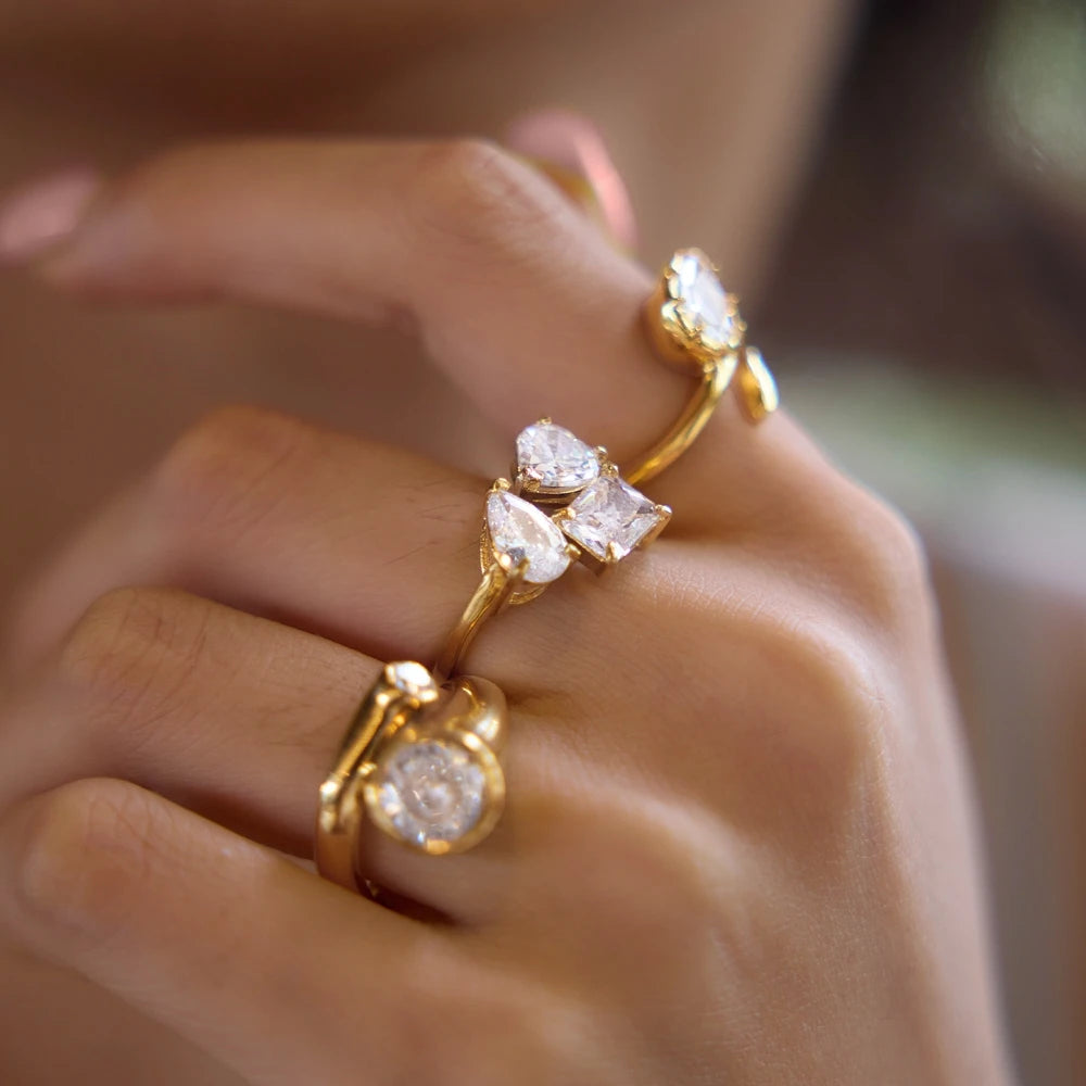 KIKA Water Drop Zircon Open Rings 18K Gold PVD Plated Stainless Steel 316L