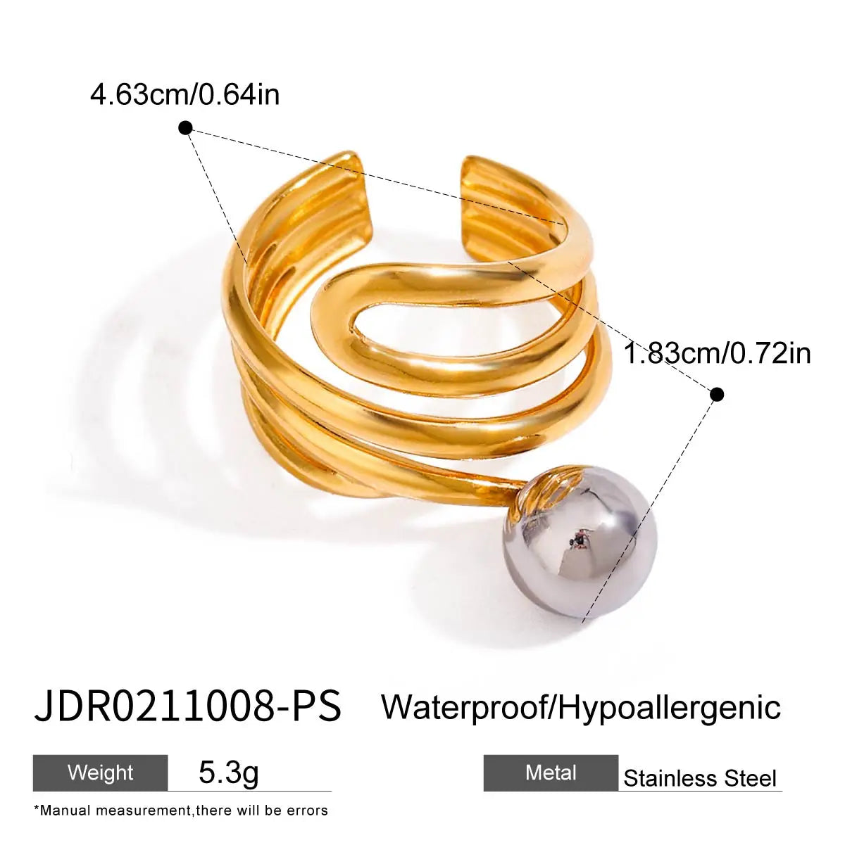 KIKA Minimalist 18k Gold Color PVD Plated Stainless Steel 316L Double tone Line Hollow Steel Ball Ring Personality Statement Stackable