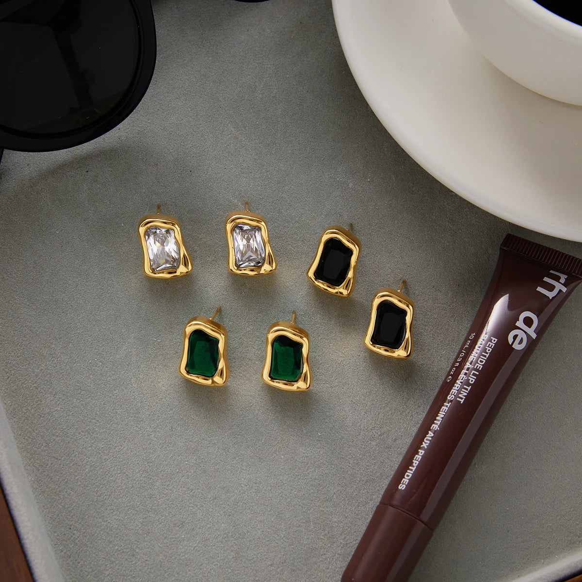 KIKA Minimalist Classic PVD Plated Inlay Zircon Square Irregular Earrings Hypoallergenic Stainless Steel 316L