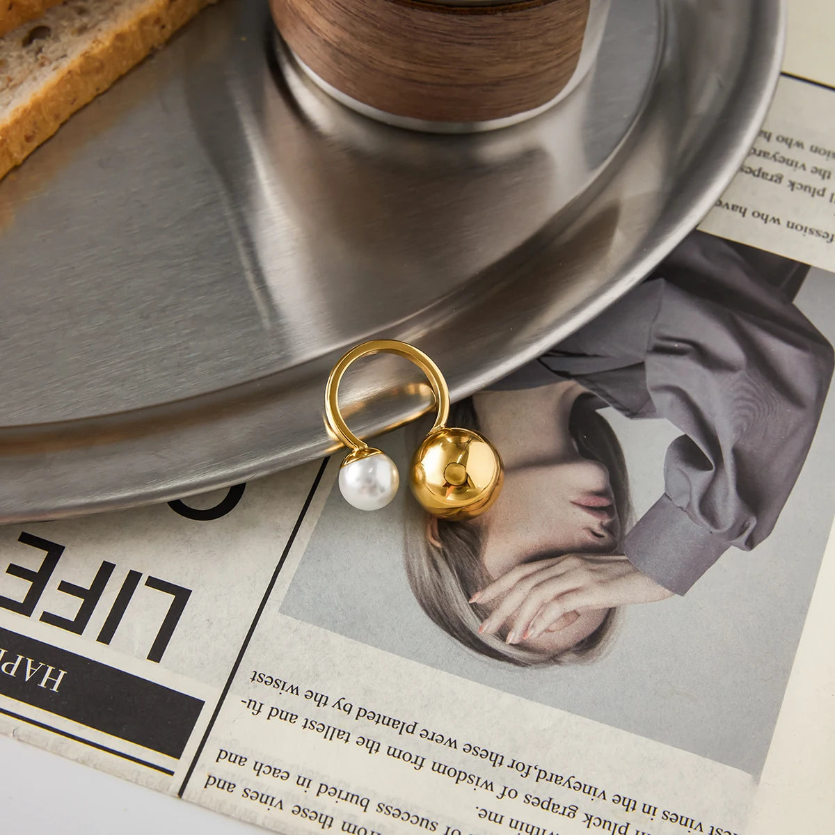 KIKA  Minimalist Classic 18K Gold Color PVD Plated Glass Pearl Asymmetric Spherical Ring Stainless Steel 316L Waterproof