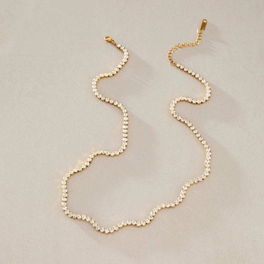 KIKA Classic Crystal Tennis Chain Wave Shape Necklace For Women 18K Gold PVD Plated Stainless Steel Necklace Fashion Jewelry