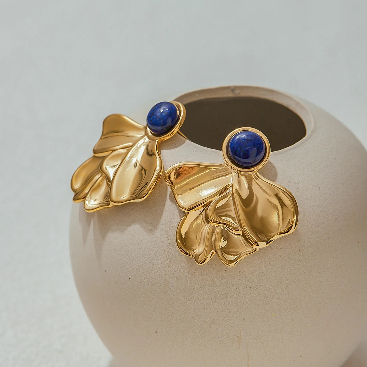 Kika Vintage Turquoise Irregular Fan Shaped Ear Studs 18K Gold Color Plated Stainless Steel