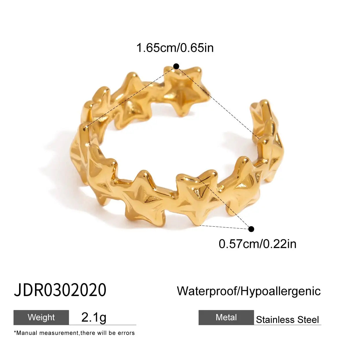 KIKA Unique Designer 18K Gold Color PVD  Plated Stainless Steel 316L Rhinestone Pentagram Rings Stackable