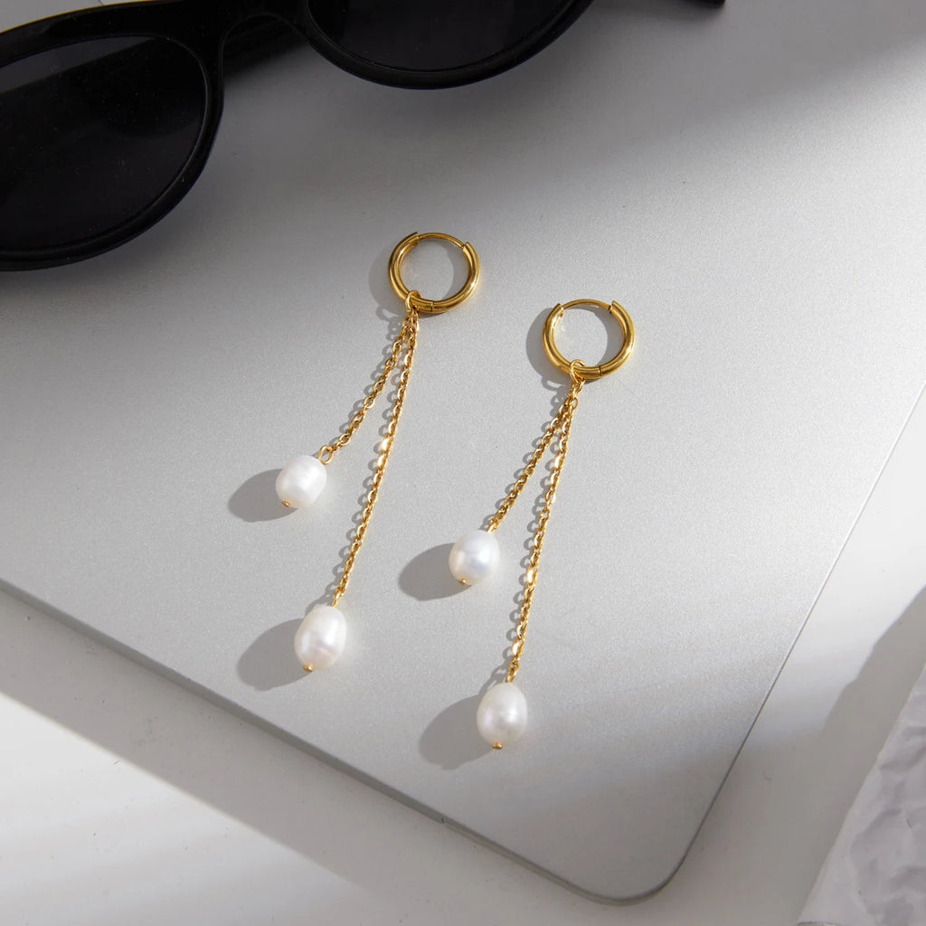 KIKA Elegant Freshwater Pearl Drop Earrings  PVD Plated Stainless Steel 316L